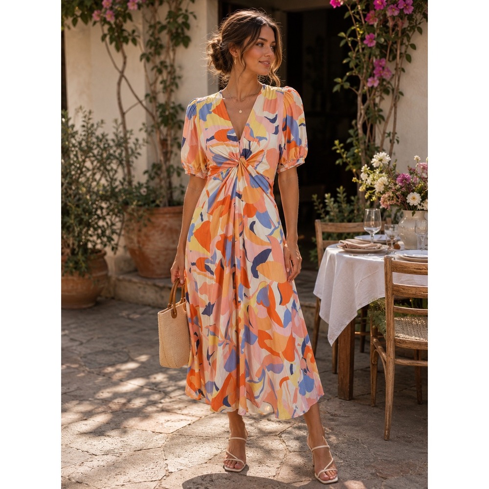 White Closet Elements Abstract Print Twist Front Midi Dress Orange Blue Small